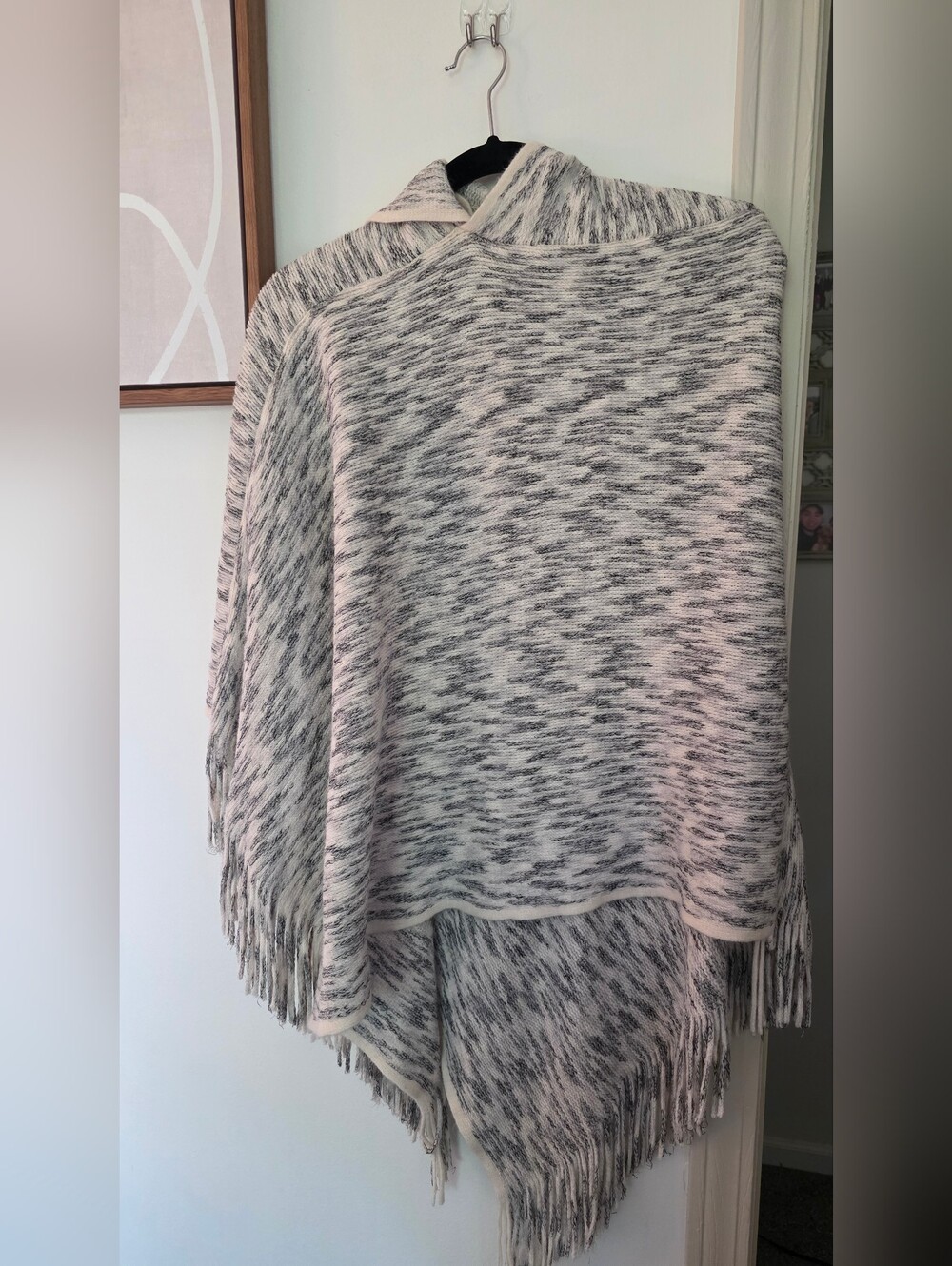 Marled Knit Fringe Poncho in Ivory & Charcoal